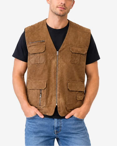 JC Collection brown leather utility vest XL front view worn over black T-shirt