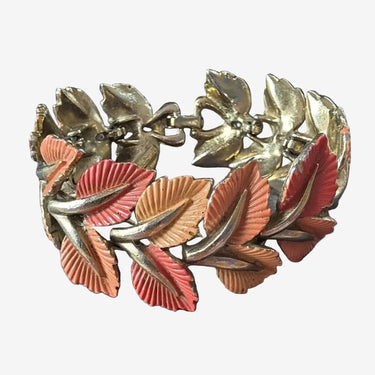 Vintage Jewelcraft enamel leaf bracelet angled view showing articulated links