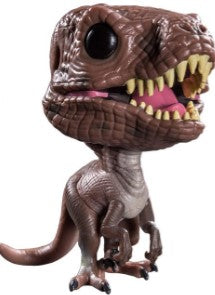 A Funko Pop Vinyl figure of a Velociraptor from Jurassic Park with black eyes and visible teeth.