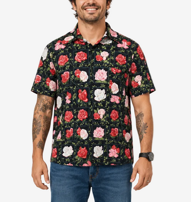 Kiss From A Rose Planet Retro Original men's 3XL rose print shirt, modelled front view