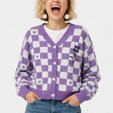 Kuromi-inspired purple and white checkerboard knit cardigan worn with jeans