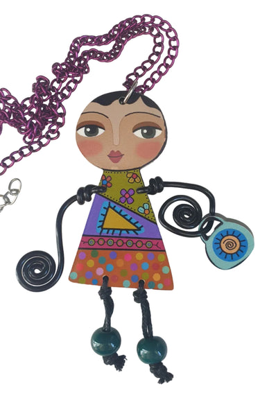Colorful necklace with a character pendant on a white background