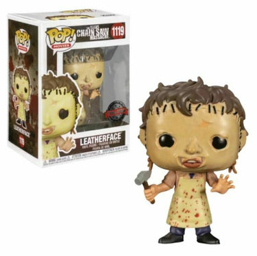 A Funko Pop Vinyl figure of Leatherface from the Texas Chainsaw Massacre movie, wearing a white dress with blood stains, holding a knife, and standing next to its packaging.