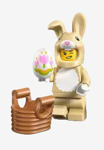 Lego cute bunny minifigure from Animal Series 28 (71051) featuring white rabbit figure with printed face details displayed on a light grey background