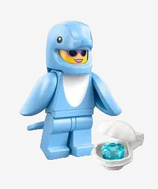 Lego dolphin minifigure from Animal Series 28 (71051) in grey with curved body shape displayed on a light grey background