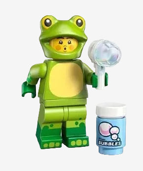 Lego frog minifigure from Animal Series 28 (71051) in green with simple moulded design displayed on a light grey background