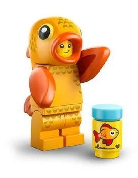 Lego goldfish minifigure from Animal Series 28 (71051) in orange with printed scale details displayed on a light grey background