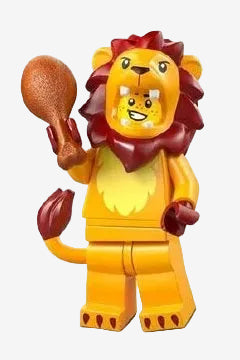 Lego lion minifigure from Animal Series 28 (71051) featuring tan lion figure with mane piece displayed on a light grey background