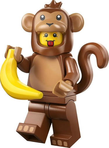 Lego Monkey Costume Minifigure from Animal Series 28 (71051) with banana accessory and display base