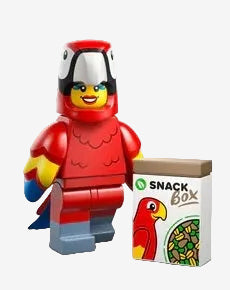 Lego parrot minifigure from Animal Series 28 (71051) featuring colourful bird with printed feather details displayed on a light grey background