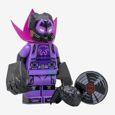 Lego Prowler minifigure from Spider-Verse series 71050 in purple and green suit with claw-style gauntlets displayed on a light grey background