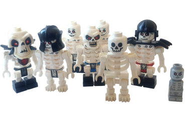 Lego skeleton minifigure bundle with Ninjago skeleton warriors and classic skeleton figures plus baby skeleton displayed together
