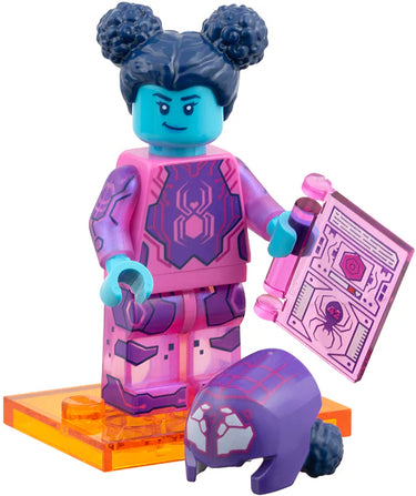 Lego Spider-Byte minifigure from Spider-Verse Series 71050 with accessories displayed on orange stand at Planet Retro NZ