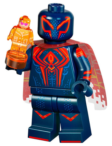 Lego Spider-Man 2099 minifigure from Spider-Verse series 71050 in dark blue and red suit with web accessory displayed on a light grey background