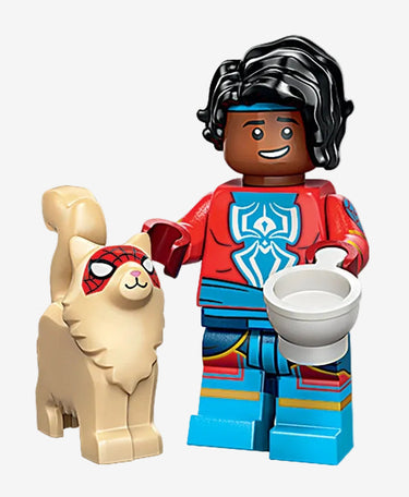 Lego Spider-Man India minifigure from Spider-Verse series 71050 in red and blue suit with web accessory displayed on a light grey background