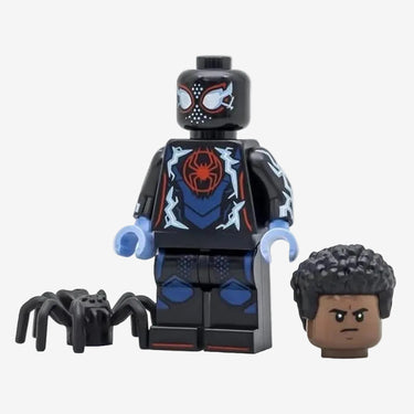 Lego Spider-Man Miles Morales minifigure from Spider-Verse series 71050 in black and red suit with web accessory displayed on a light grey background