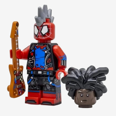 Lego Spider-Punk minifigure from Spider-Verse series 71050 wearing punk outfit with guitar accessory displayed on a light grey background