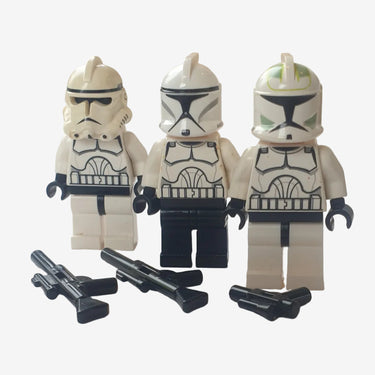Lego Star Wars clone trooper minifigures bundle with helmets and blasters on light grey background