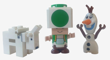 Lego Minifigures Toad Olaf and Minecraft goat on white background at Planet Retro NZ