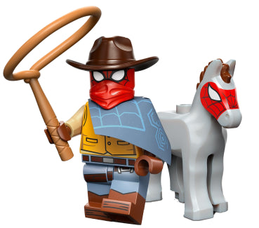 Lego Web-Slinger minifigure from Spider-Verse series 71050 in red and blue suit with web accessory displayed on a light grey background