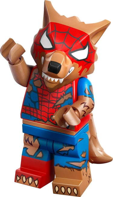 Lego Werewolf Spider-Man minifigure from Spider-Verse series 71050 with detailed suit and accessories displayed on a clean studio background