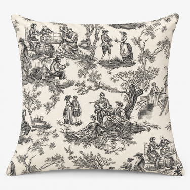Lord and Lady Skullington black toile cushion cover front, cream fabric with black skeleton scenes