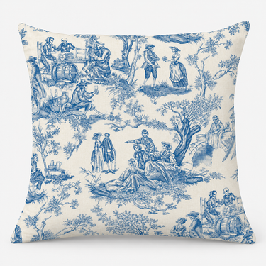 Lord and Lady Skullington Blue handmade cushion cover front with blue skeletal toile print on cream fabric, shown filled