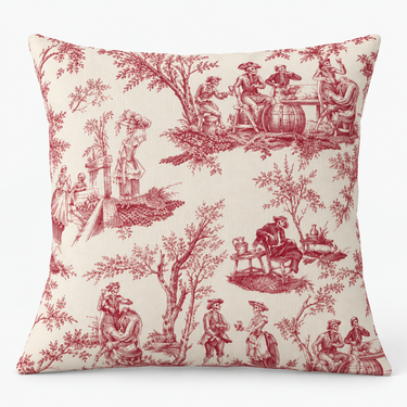 Lord and Lady Skullington Wine handmade cushion cover front with spacious wine-red skeleton toile print on cream fabric, filled studio image