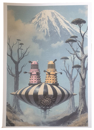 Lost in Space 2 by Lu Lu Deluxe NZ A4 art print featuring two retro sci-fi figures on a striped flying platform beneath a snow-capped mountain