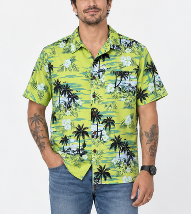 Male model wearing Lowes lime green tropical Hawaiian shirt