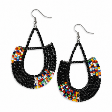 Black and multicolour Maasai-inspired beaded statement earrings