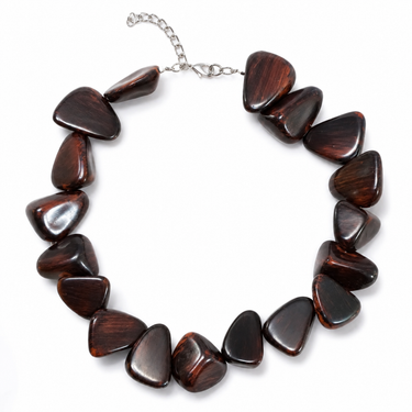 Alt Text
Mahogany effect resin statement necklace with polished pebble-shaped beads and silver-tone extender chain.