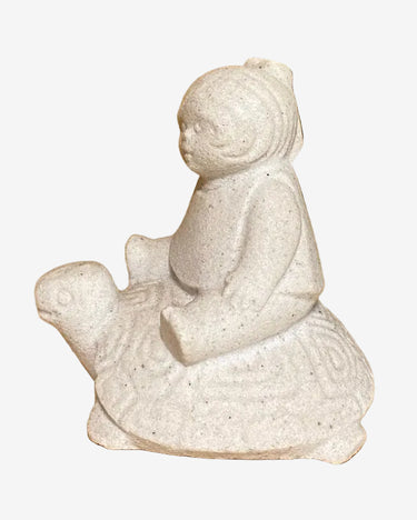 Vintage Marbell Belgian stone sculpture featuring a girl riding a tortoise. Minimalist European sculptural décor with original sticker.