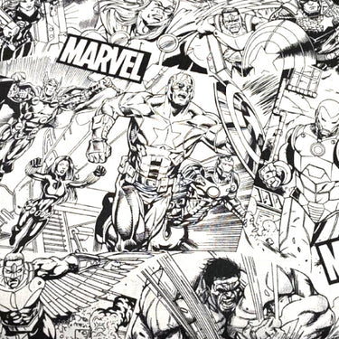 Close-up of black and white Marvel Avengers Sketch comic-print cotton fabric
