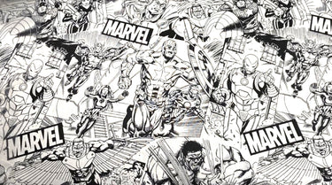 Close-up of black and white Marvel Avengers Sketch comic-print cotton fabric