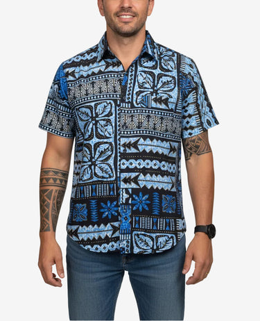 Men’s blue, black, gold and white tribal print Hawaiian-style shirt, size Medium, from Planet Retro NZ.