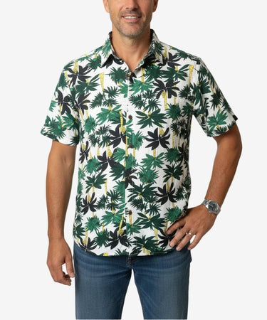 Men’s white Hawaiian Polynesian shirt with green and yellow palm tree fruit print, estimated size Large.