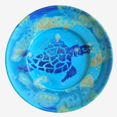 Michael Pugh Australian studio pottery turtle plate in turquoise and cobalt blue.