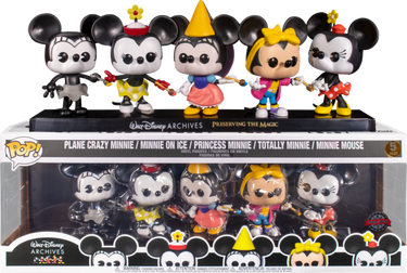 A set of five Funko Pop vinyl figures themed around Minnie Mouse, featuring various outfits and poses, with packaging displaying Disney branding.