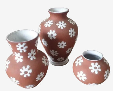 Mid-century Danish Lüthen Keramik terracotta vase trio from the 1960s, shown on a neutral background – Planet Retro NZ