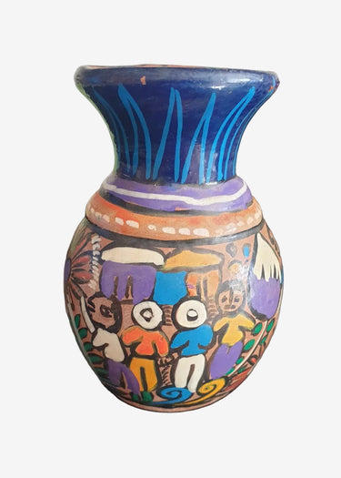Mid-century hand-painted folk art pottery vase with colourful figurative and floral decoration, Planet Retro NZ
