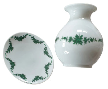 Mid-century German porcelain mini vase and matching dish set by Fürstenberg, 1950s, white glaze with green floral detail