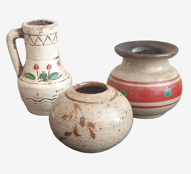 Mid-century studio and folk pottery trio decorative ceramic vessels Planet Retro NZ