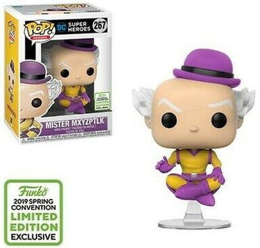 Funko Pop Vinyl figure of Mister Mxyzptlk from DC's Super Heroes, with a purple hat and yellow costume, released as a 2019 Spring Convention Limited Edition Exclusive.