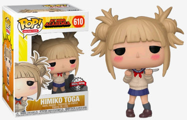 Funko Pop Vinyl figure of Himiko Toga from My Hero Academia, number 610, in a white and red school uniform with a bow, standing next to its packaging box.