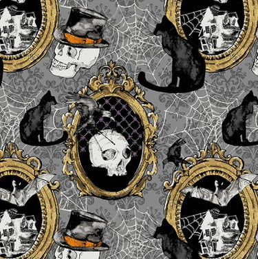 Mystery Manor Antique Frames Black Cats cotton fabric – overall print