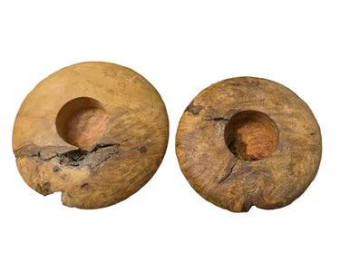 Natural burr wood sculptural candle holders pair