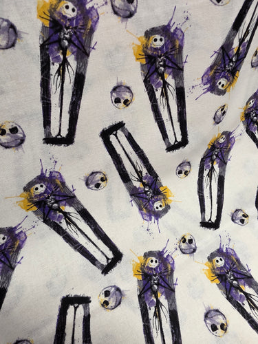 The Nightmare Before Christmas Coffin Toss cotton fabric featuring Jack Skellington on white