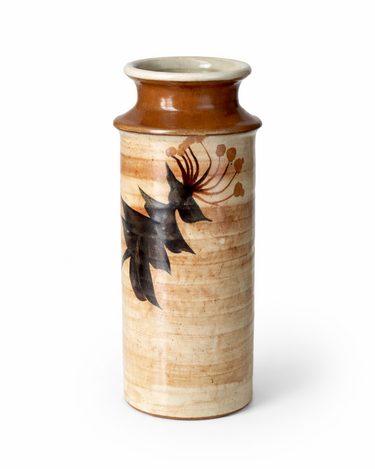 Vintage New Zealand studio pottery vase attributed to Gerald Pope with hand-painted botanical design in earthy tones