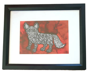 Original fox painting in black ink with red wash background, signed MAC 2019, framed contemporary animal artwork.